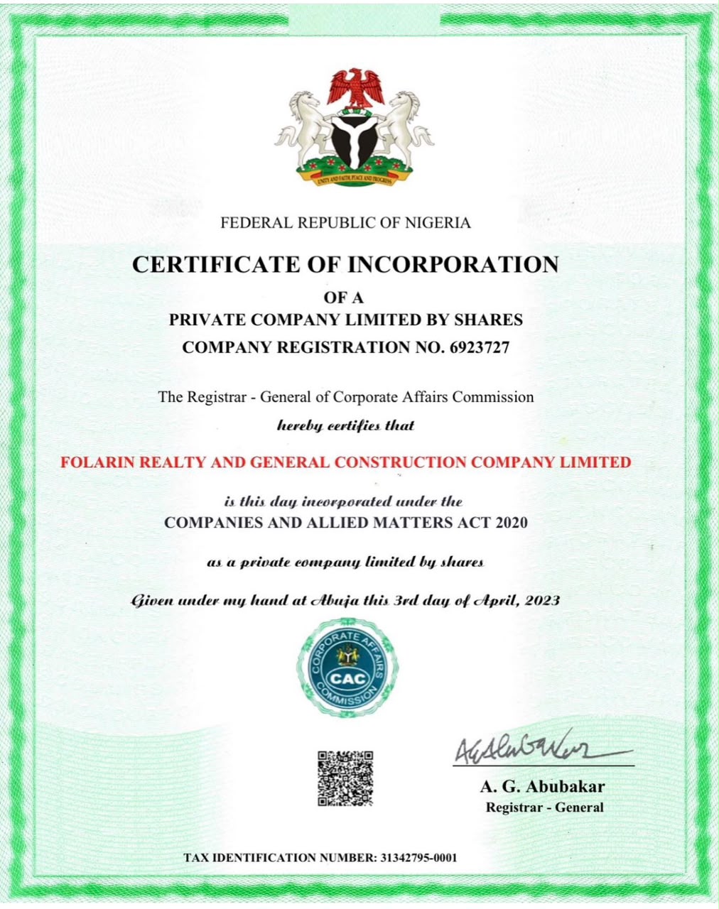 Corporate Affairs Commission certificate of incorporation