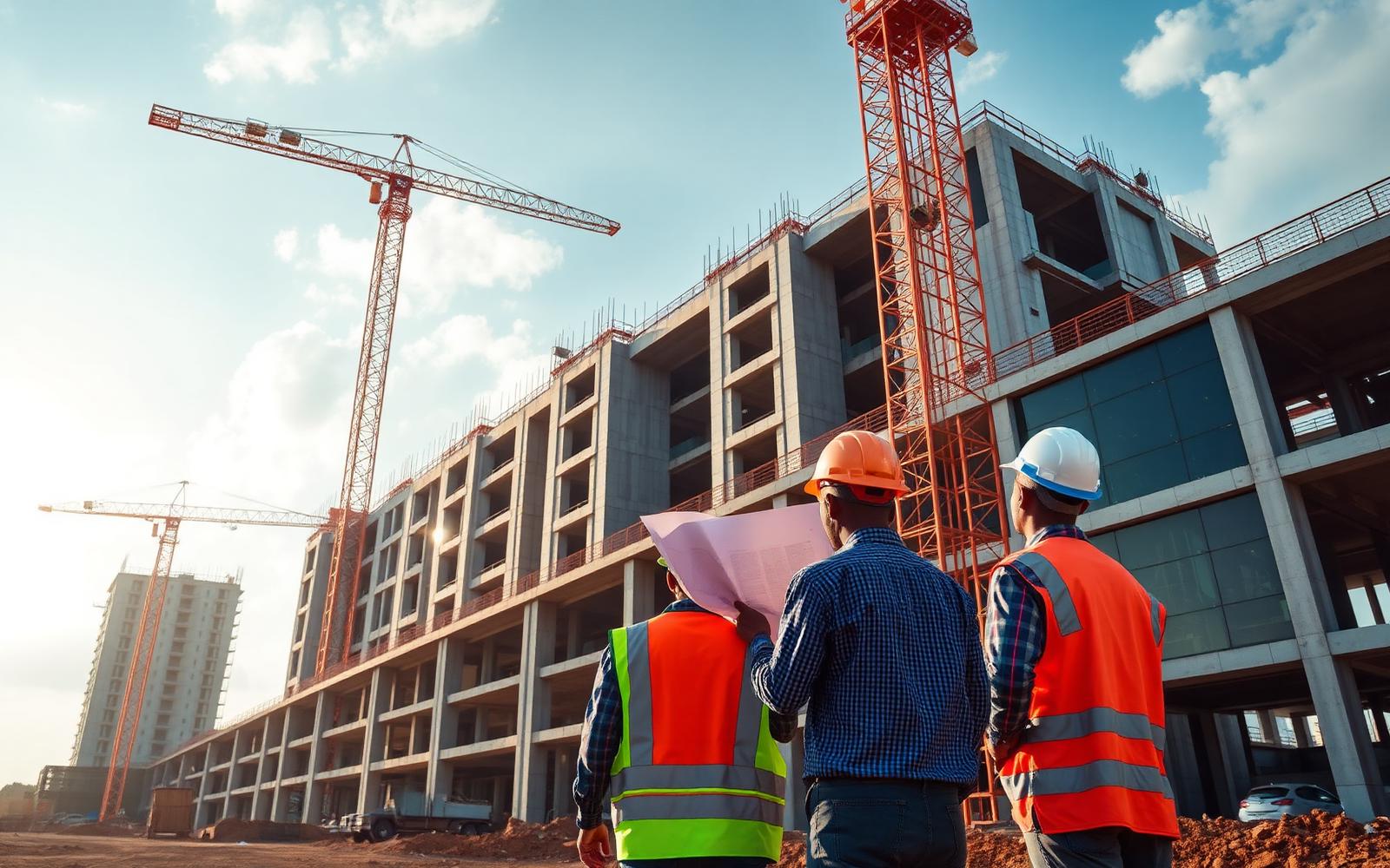 Folarin Realty construction site with engineers reviewing blueprints